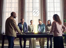 Three men and three women standing around a table in a room with big windows. The Sandvik logotype is levitating above their heads.