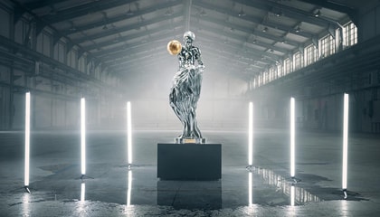 A steel statue of a woman in a large room. The statue is holding a gold-colored globe in one of her hands.