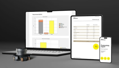 A laptop, tablet and mobile phone displaying various screens from the productivity analyser. 
