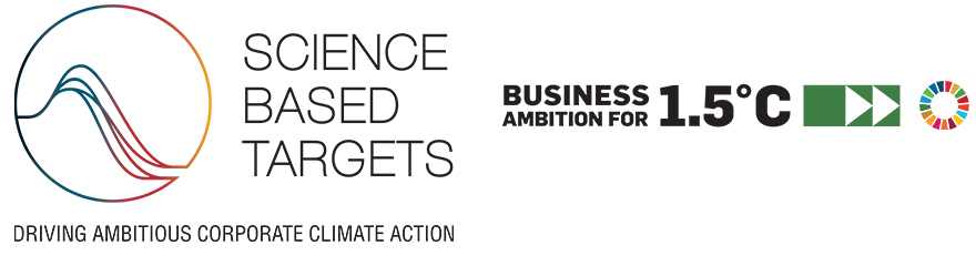 Logotype for Science Based Targets initiative (SBTi) with text Driving ambititous corporate climate action under the logo and text Business amibition for 1.5°C to the right of the logo