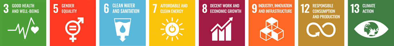 The square icons for SDGs 3, 5, 6, 7, 8, 9, 12, 13 lying in a row.