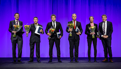 The five award winners on stage together with President and CEO Stefan Widing.