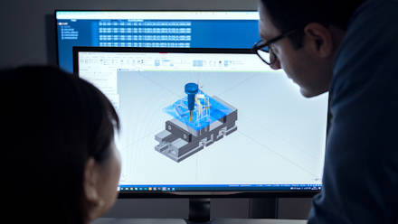 A woman and a man looking at a computer screen with an image of a toolpath for a milling operation which is generated using CAM software